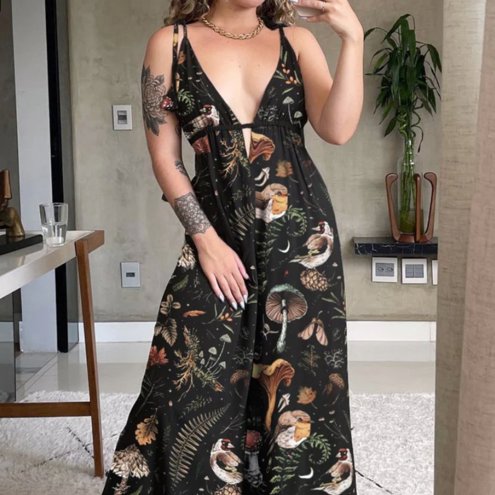 Coramoon Mushrooms Fairyland printed tank DRESS cute flowy halter summer Maxi